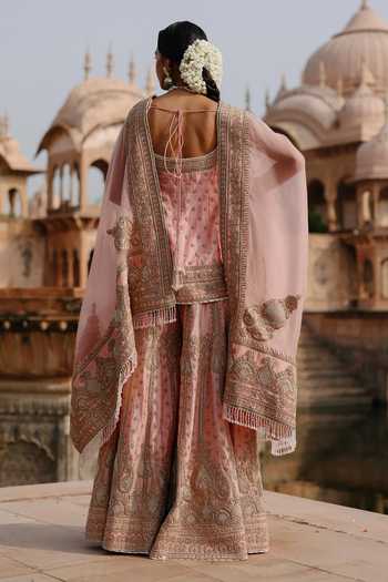 Shop Sheetal Batra Pink , Chanderi, Organza Tasnim Embroidered Short Kurta Sharara Set at Aza Fashions Shop_Sheetal Batra_Pink , Chanderi, Organza Tasnim Embroidered Short Kurta Sharara Set _at_Aza_Fashions