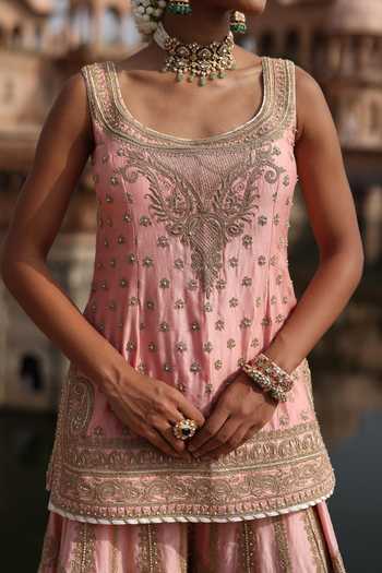 Sheetal Batra Pink , Chanderi, Organza Tasnim Embroidered Short Kurta Sharara Set at Aza Fashions Sheetal Batra_Pink , Chanderi, Organza Tasnim Embroidered Short Kurta Sharara Set _at_Aza_Fashions
