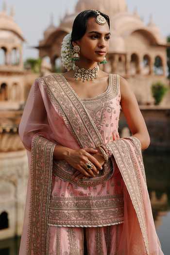 Buy Sheetal Batra Pink , Chanderi, Organza Tasnim Embroidered Short Kurta Sharara Set Buy_Sheetal Batra_Pink , Chanderi, Organza Tasnim Embroidered Short Kurta Sharara Set