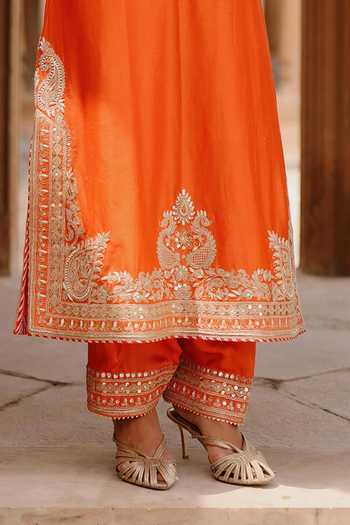 Sheetal Batra_Orange Chanderi , Satin, Umaira Embroidered Long Kurta Salwar Set _Online_at_Aza_Fashions