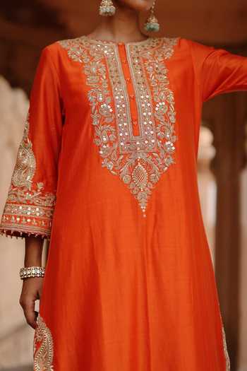 Buy_Sheetal Batra_Orange Chanderi , Satin, Umaira Embroidered Long Kurta Salwar Set _Online_at_Aza_Fashions