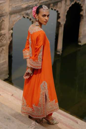 Shop_Sheetal Batra_Orange Chanderi , Satin, Umaira Embroidered Long Kurta Salwar Set _Online_at_Aza_Fashions