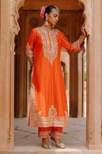 Buy_Sheetal Batra_Orange Chanderi , Satin, Umaira Embroidered Long Kurta Salwar Set 