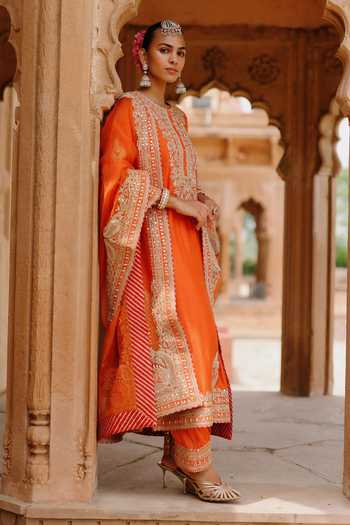 Shop_Sheetal Batra_Orange Chanderi , Satin, Umaira Embroidered Long Kurta Salwar Set 