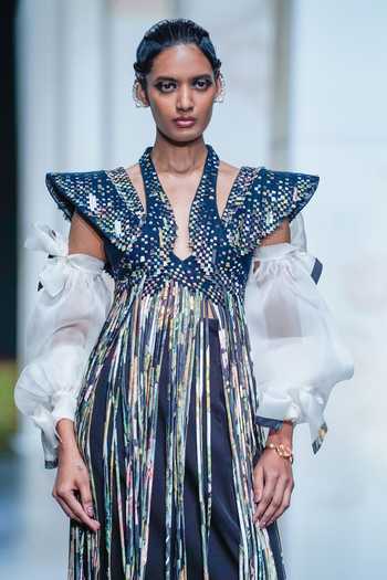 Pankaj & Nidhi Staccato Fringed Samurai Jacket Skirt Set 
