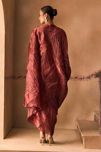1999ad By Amita & Deepak Maroon Crushed Organza Draped Dress Set