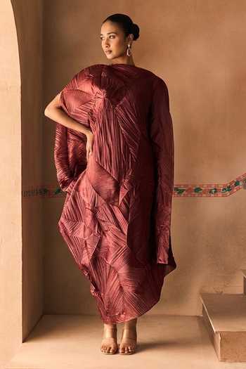 1999ad By Amita & Deepak Maroon Crushed Organza Draped Dress Set
