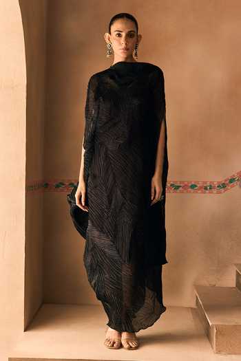 1999ad By Amita & Deepak Black Crushed Organza Draped Dress Set