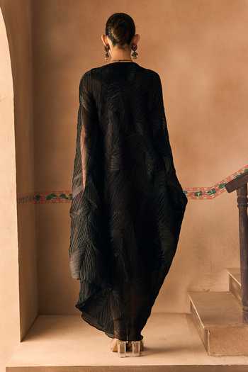1999ad By Amita & Deepak Black Crushed Organza Draped Dress Set