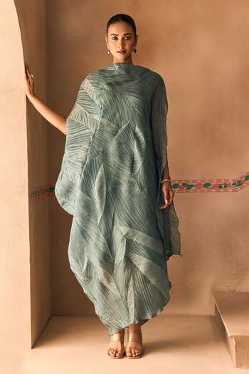 1999ad By Amita & Deepak Green Crushed Organza Draped Dress Set