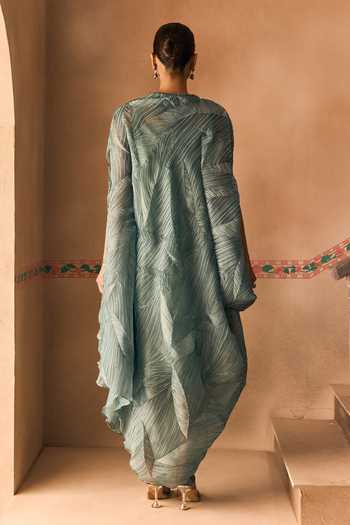 1999ad By Amita & Deepak Green Crushed Organza Draped Dress Set