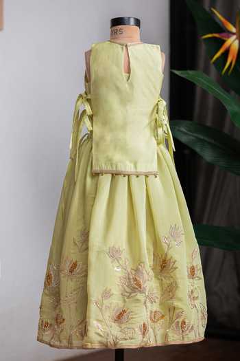 Lil Angels_Green Cotton, Muslin Embroidered Bib Lehenga Set _Online_at_Aza_Fashions