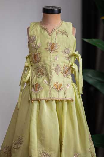 Buy_Lil Angels_Green Cotton, Muslin Embroidered Bib Lehenga Set _Online_at_Aza_Fashions