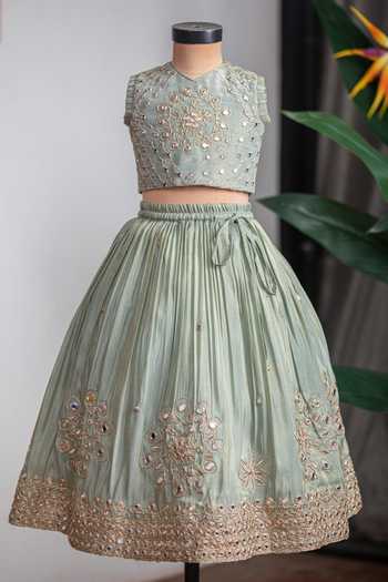 Lil Angels_Green Silk Mirror Work Lehenga Set _Online_at_Aza_Fashions