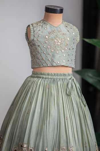 Buy_Lil Angels_Green Silk Mirror Work Lehenga Set _Online_at_Aza_Fashions