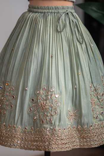 Shop_Lil Angels_Green Silk Mirror Work Lehenga Set _Online_at_Aza_Fashions
