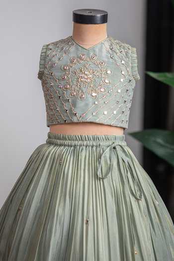 Lil Angels_Green Silk Mirror Work Lehenga Set _at_Aza_Fashions