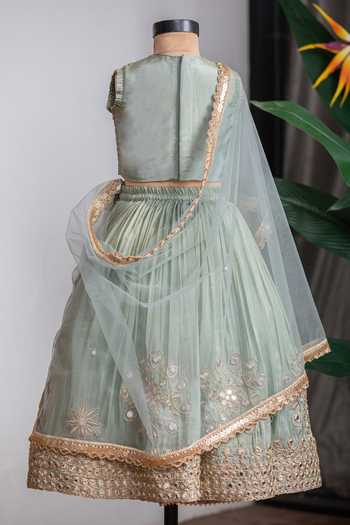 Shop_Lil Angels_Green Silk Mirror Work Lehenga Set 