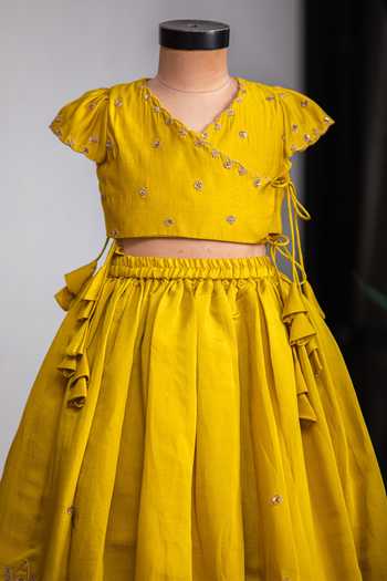 Lil Angels_Mustard Silk, Muslin Dori Lehenga Set _Online_at_Aza_Fashions