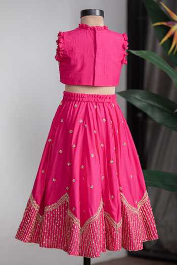 Lil Angels_Pink Silk Temple Embroidered Lehenga Set _Online_at_Aza_Fashions