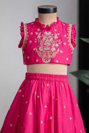 Buy_Lil Angels_Pink Silk Temple Embroidered Lehenga Set _Online_at_Aza_Fashions