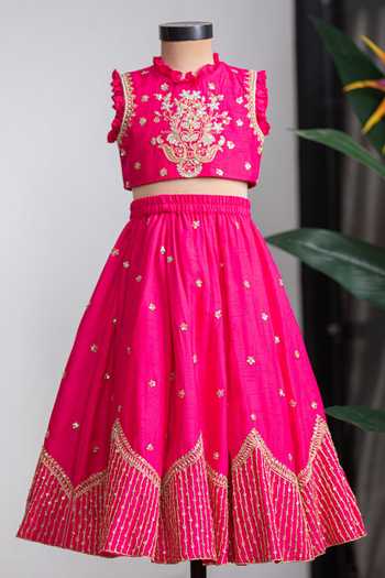 Lil Angels_Pink Silk Temple Embroidered Lehenga Set _at_Aza_Fashions