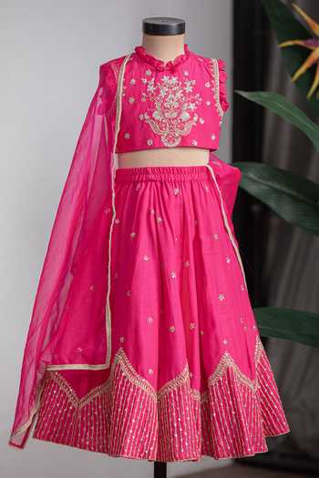 Shop_Lil Angels_Pink Silk Temple Embroidered Lehenga Set 