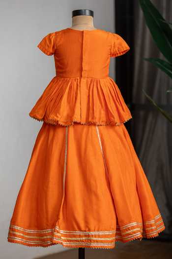 Lil Angels_Orange Silk Lotus Embroidered Lehenga Set _Online_at_Aza_Fashions