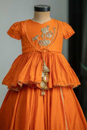 Buy_Lil Angels_Orange Silk Lotus Embroidered Lehenga Set _Online_at_Aza_Fashions