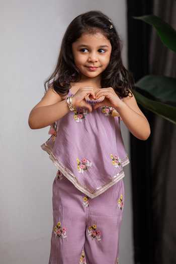 Shop_Lil Angels_Purple Chanderi Top And Pant Set _Online_at_Aza_Fashions