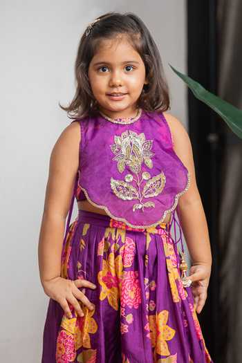 Shop Lil Angels Purple Silk, Muslin Printed Skirt And Cape Set Online at Aza Fashions Shop_Lil Angels_Purple Silk, Muslin Printed Skirt And Cape Set _Online_at_Aza_Fashions