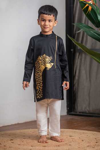 Lil Angels Black Cotton Cheetah Hand Painted Kurta Set at Aza Fashions Lil Angels_Black Cotton Cheetah Hand Painted Kurta Set _at_Aza_Fashions