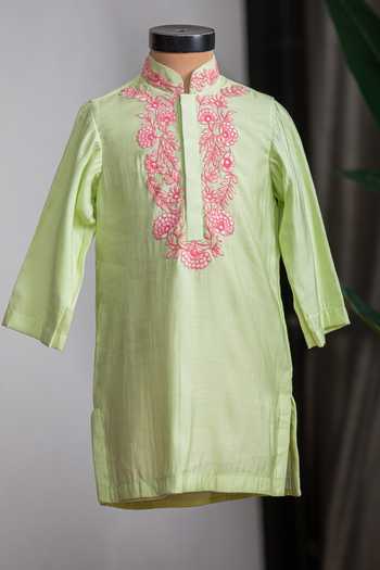 Lil Angels Green Thread Embroidered Kurta Set