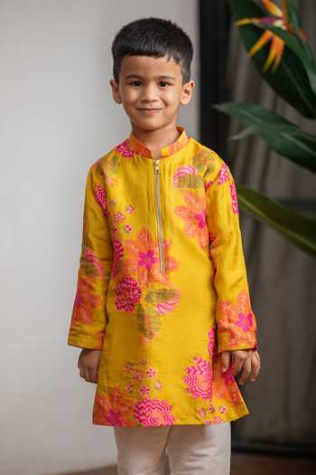 Lil Angels_Mustard Silk, Muslin Printed Kurta Set _Online_at_Aza_Fashions