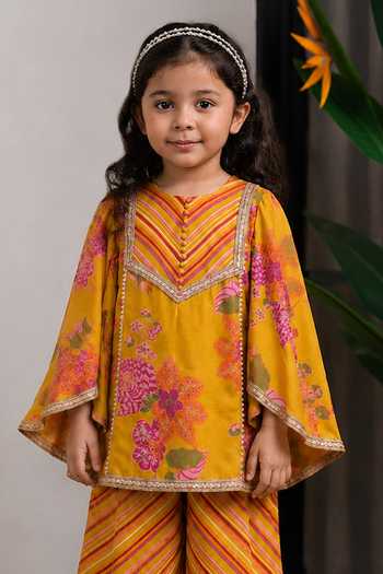 Lil Angels_Mustard Silk Printed Kurta Set _Online_at_Aza_Fashions
