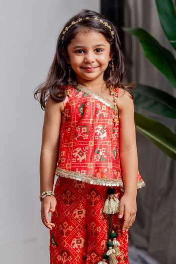 Lil Angels_Red Silk Patola Pant Set _Online_at_Aza_Fashions
