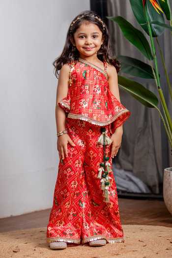 Buy_Lil Angels_Red Silk Patola Pant Set _Online_at_Aza_Fashions