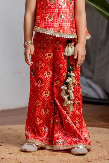 Shop_Lil Angels_Red Silk Patola Pant Set _Online_at_Aza_Fashions