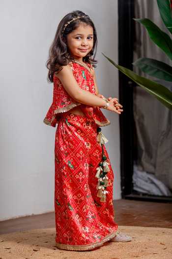 Lil Angels_Red Silk Patola Pant Set _at_Aza_Fashions