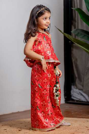 Buy_Lil Angels_Red Silk Patola Pant Set 