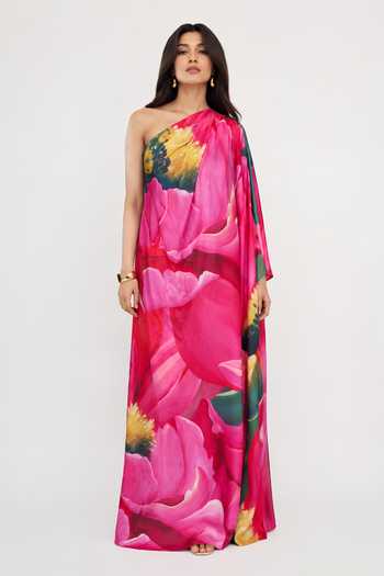 Poppi Pink Silk, Bemberg One Shoulder Printed Kaftan Online at Aza Fashions Poppi_Pink Silk, Bemberg One Shoulder Printed Kaftan _Online_at_Aza_Fashions