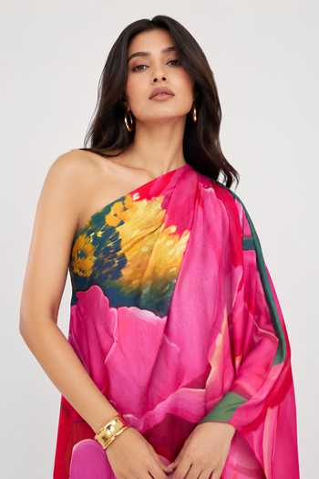 Buy Poppi Pink Silk, Bemberg One Shoulder Printed Kaftan Online at Aza Fashions Buy_Poppi_Pink Silk, Bemberg One Shoulder Printed Kaftan _Online_at_Aza_Fashions