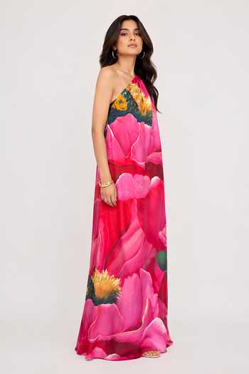 Shop Poppi Pink Silk, Bemberg One Shoulder Printed Kaftan Online at Aza Fashions Shop_Poppi_Pink Silk, Bemberg One Shoulder Printed Kaftan _Online_at_Aza_Fashions