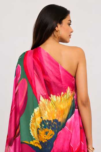 Poppi Pink Silk, Bemberg One Shoulder Printed Kaftan at Aza Fashions Poppi_Pink Silk, Bemberg One Shoulder Printed Kaftan _at_Aza_Fashions