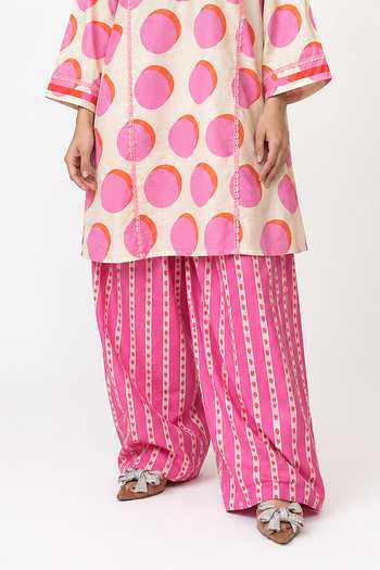 Buy Poppi Pink Cotton Round Neck Floral Print Kurta And Farshi Salwar Set Online at Aza Fashions Buy_Poppi_Pink Cotton Round Neck Floral Print Kurta And Farshi Salwar Set _Online_at_Aza_Fashions