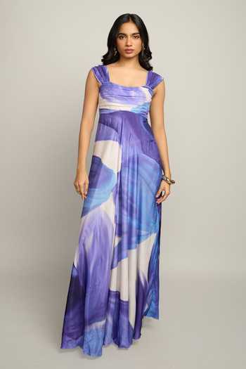 Shop Poppi Blue Silk, Bemberg Square Neck Pleated And Printed Maxi Dress Online at Aza Fashions Shop_Poppi_Blue Silk, Bemberg Square Neck Pleated And Printed Maxi Dress _Online_at_Aza_Fashions