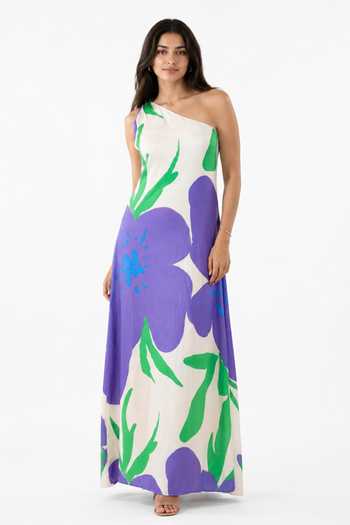 Buy_Poppi_Cream Silk, Bemberg One Shoulder Printed Kaftan _Online_at_Aza_Fashions