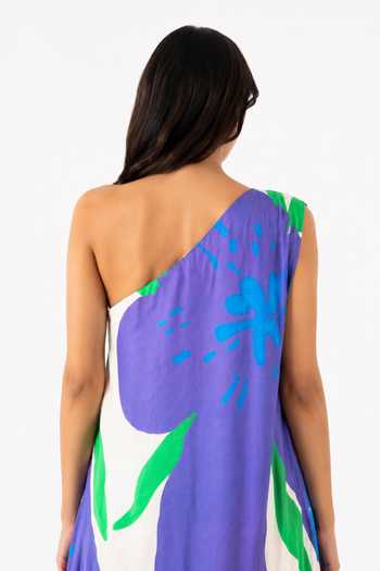 Poppi_Cream Silk, Bemberg One Shoulder Printed Kaftan _at_Aza_Fashions