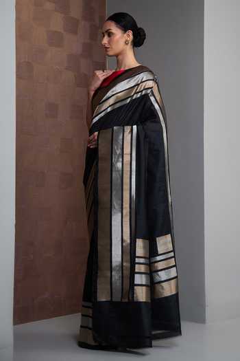 Sacred Weaves_Black Silk Linear Stripe Woven Saree _Online_at_Aza_Fashions