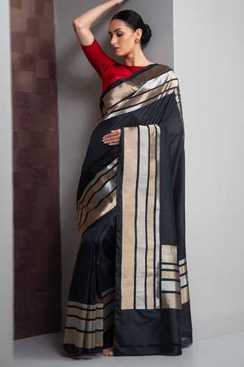 Buy_Sacred Weaves_Black Silk Linear Stripe Woven Saree _Online_at_Aza_Fashions